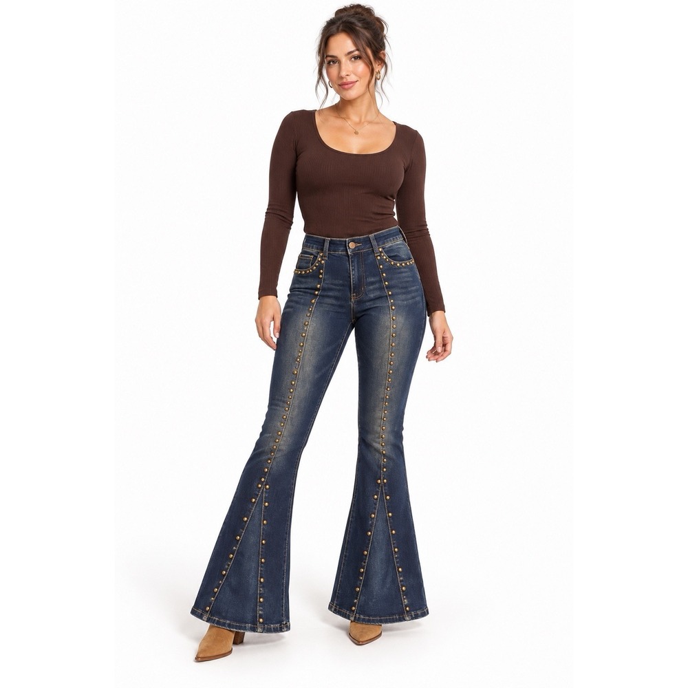 Western Boho Studded Bell Bottom Flare Jeans Dark Wash High Rise 11 Bamboo